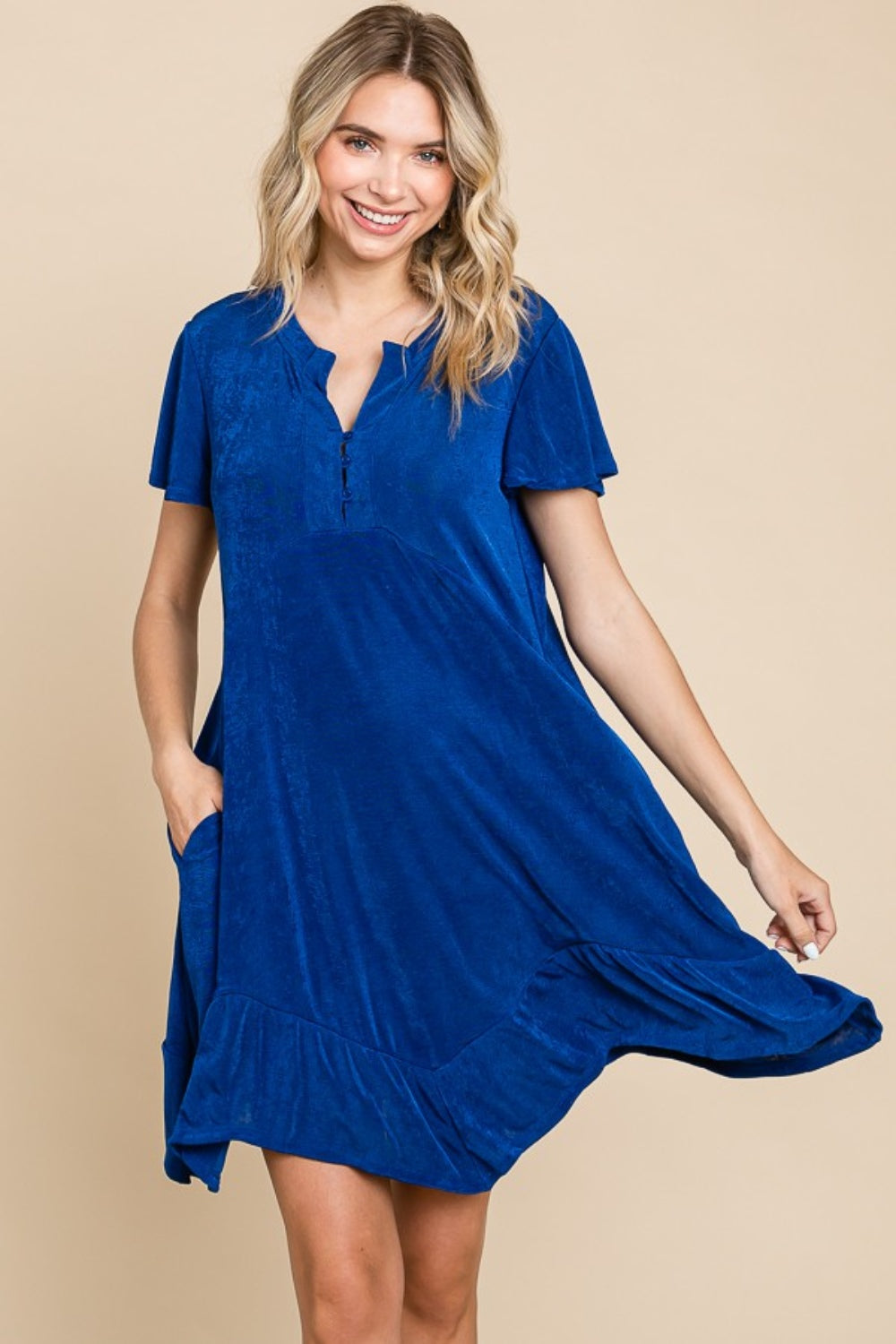 Culture Code Full Size Short Sleeve Ruffled Asymmetric Hem Dress Royal Mini Dresses