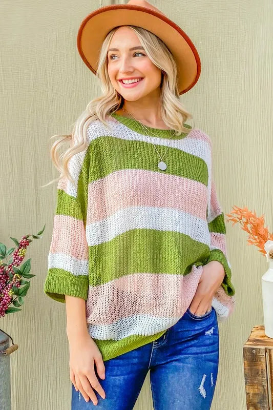 And The Why Multi Striped Mesh Pullover Spring Sweater