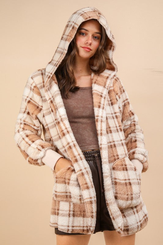 VERY J Fuzzy Plaid Long Sleeve Hooded Jacket CAMEL MIX