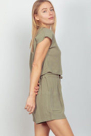 VERY J Woven Cropped Top & Waist Tie Shorts Set | Outfit Sets Daverri Fashions