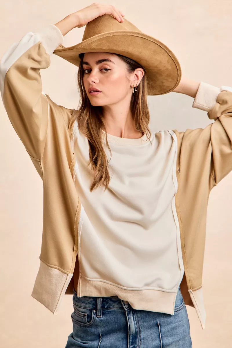 BiBi French Terry color block cropped hoodie in beige and cream