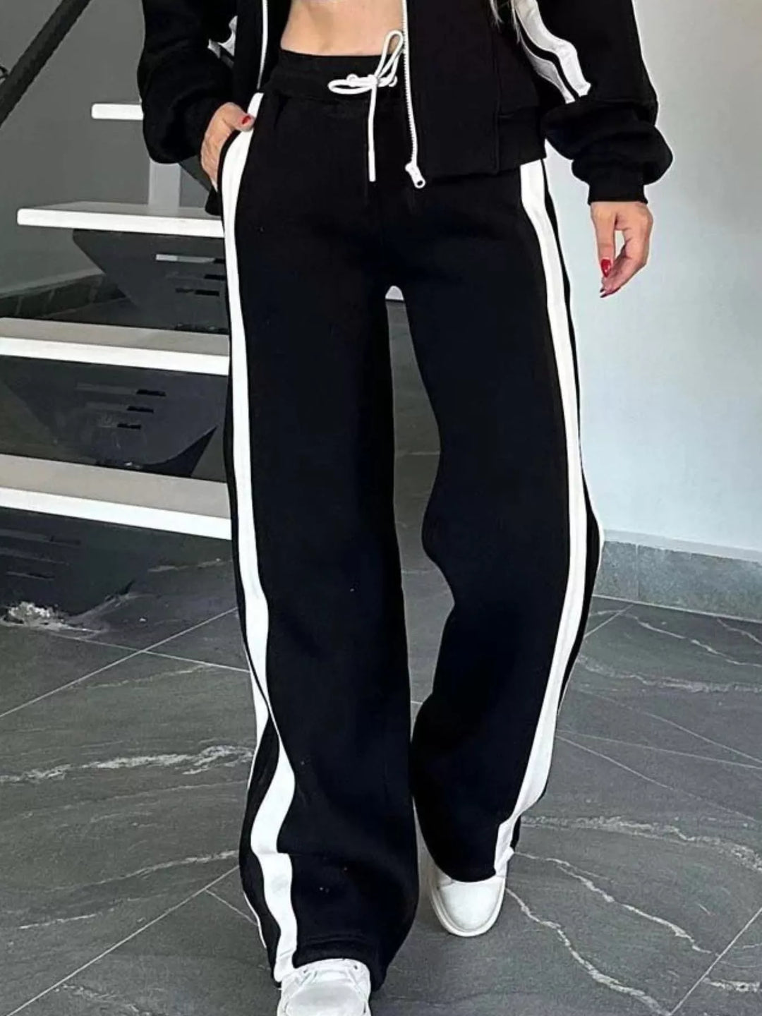 Full Size Contrast Stripe Zip Up Jacket and Pants Set Plus Size | Loungewear Sets Daverri Fashions