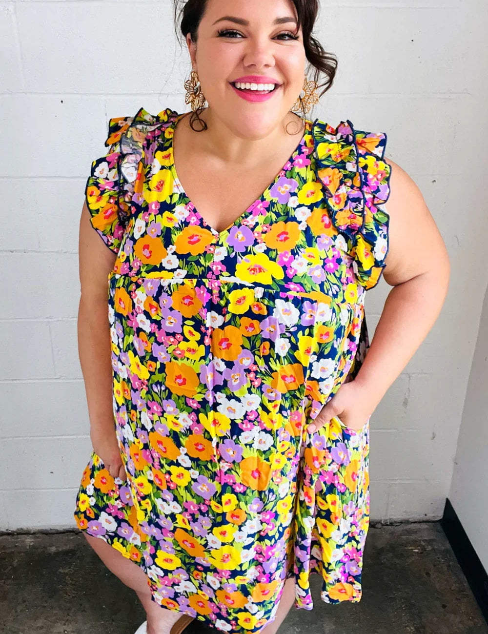 Indigo & Lemon Floral Babydoll Ruffle Dress | Daverri Fashions