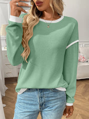 Ribbed Contrast Trim Long Sleeve Top | Knit Tops Daverri Fashions