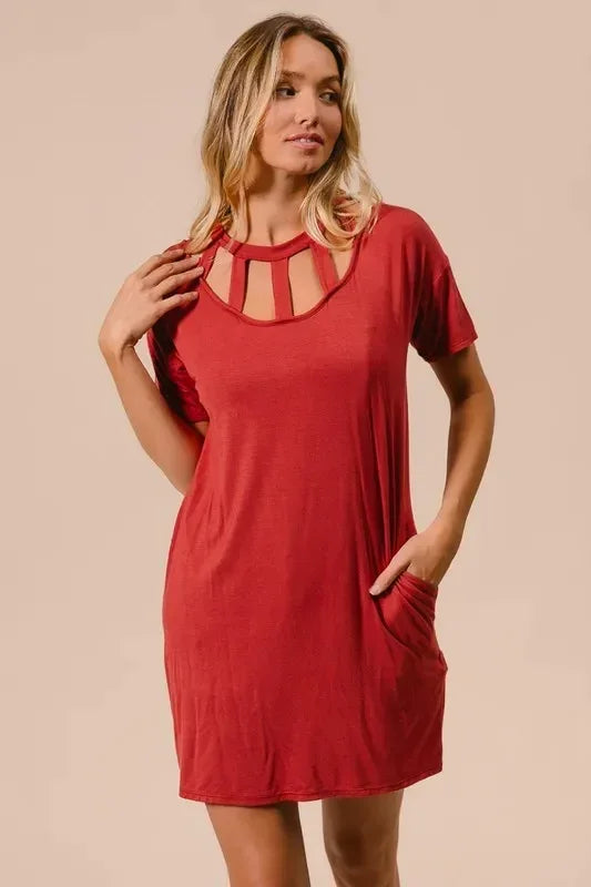 BiBi Front Cutout Mini Tee Dress with Pockets - DAVERRI FASHIONS