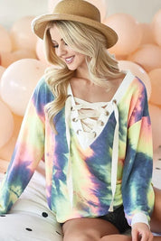 BiBi Tie Dye Deep V-Neck Top with Lace Up Front | Tops Daverri Fashions