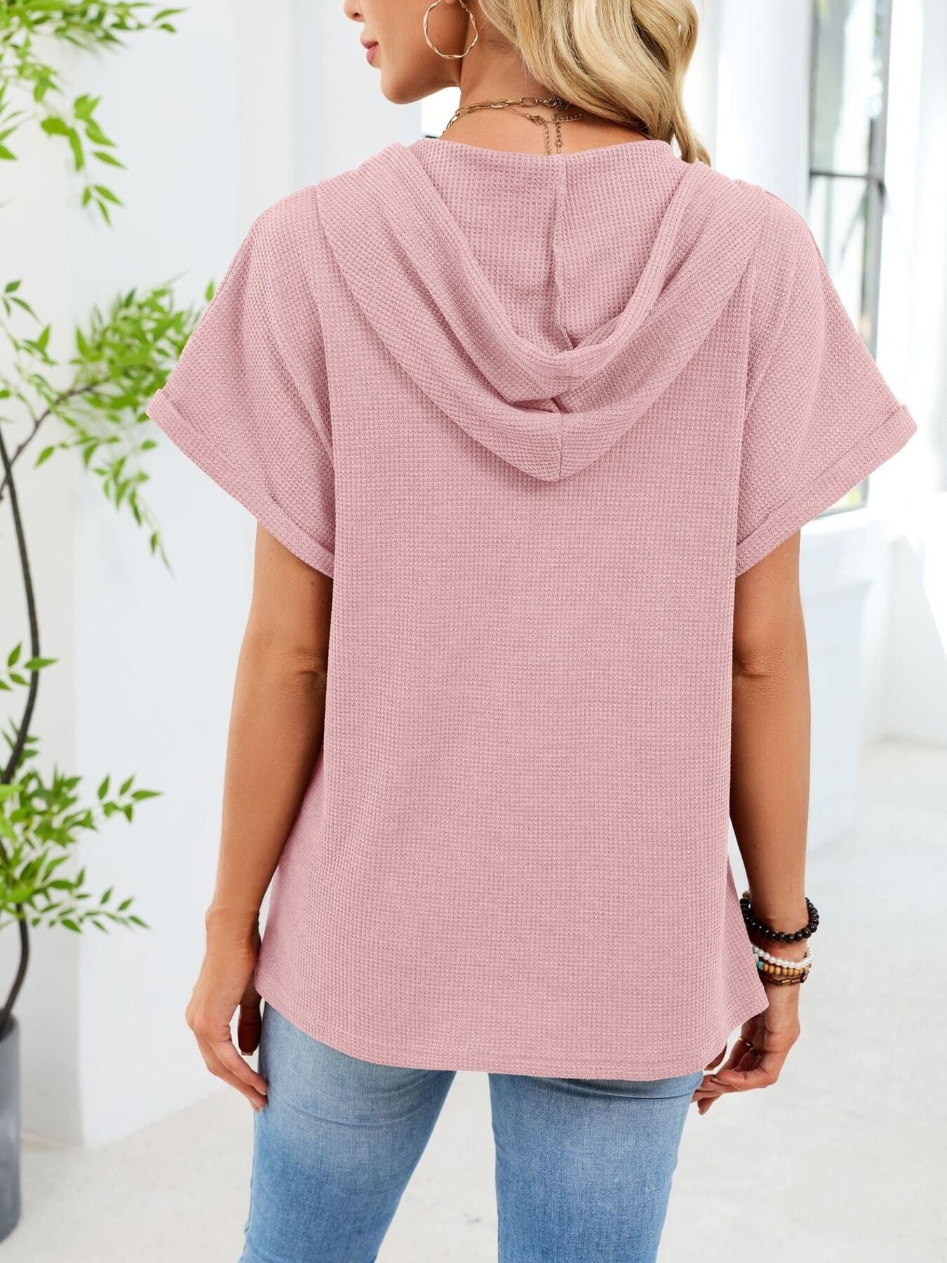 Daverri casual waffle knit button detail hooded top in soft pink