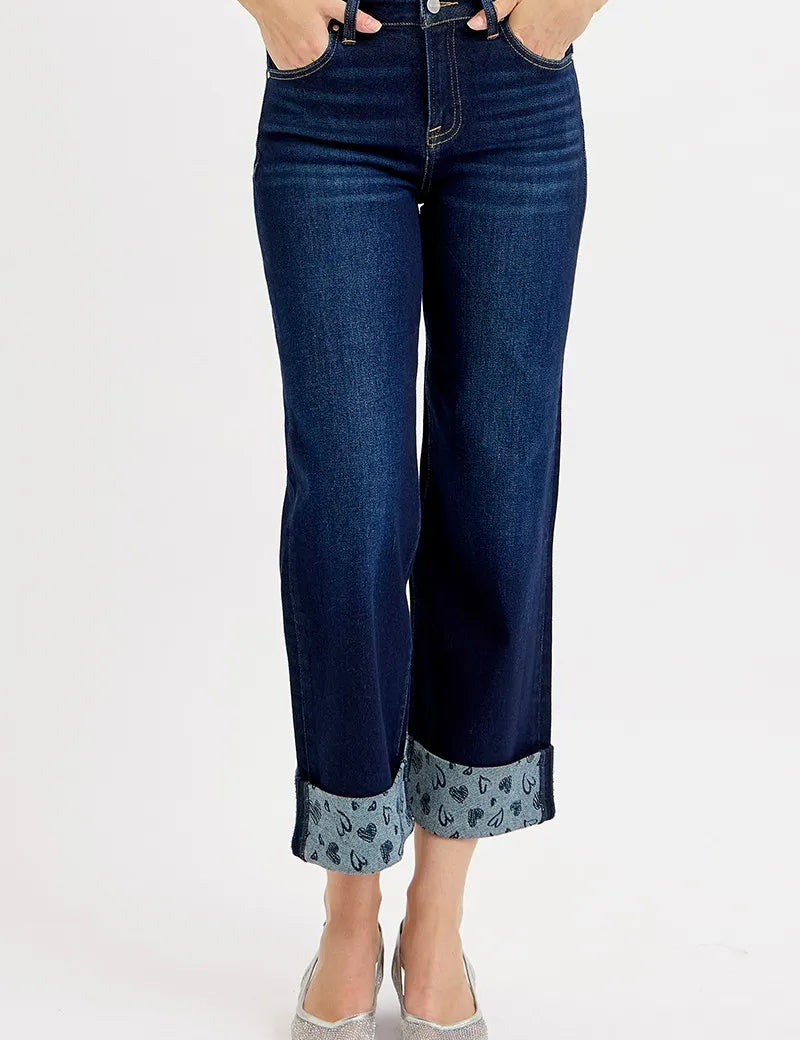 RISEN Full Size Mid Rise Fit Crop Wide With Printed Cuff Jeans | Jeans Daverri Fashions