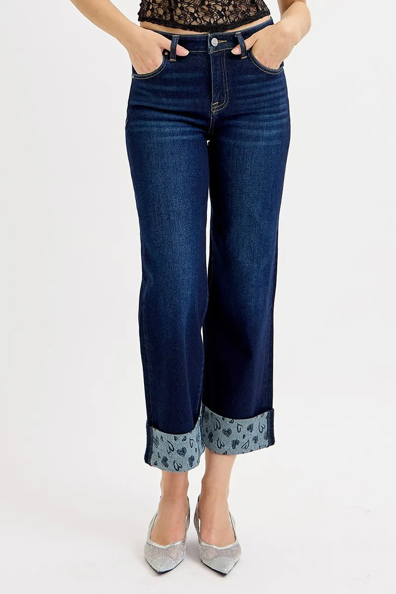 RISEN Full Size Mid Rise Fit Crop Wide With Printed Cuff Jeans Jeans