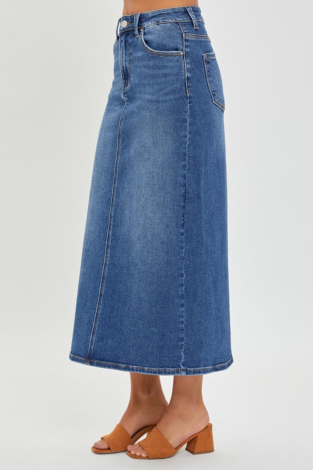 RISEN High Rise Back Slit Denim Skirt Skirts