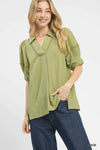 Umgee textured puff sleeve top in olive green with embroidered details