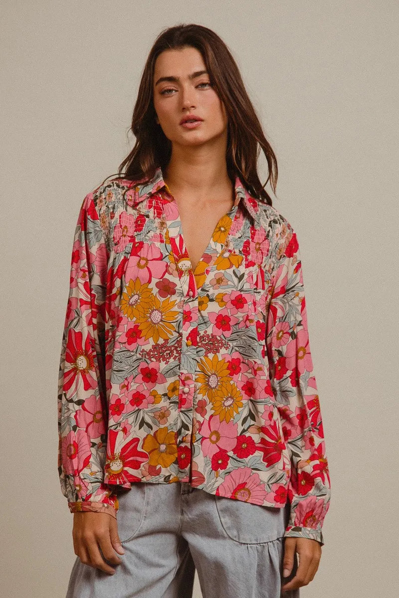 BiBi Woven Floral Printed Shirt Top ROSE Shirt