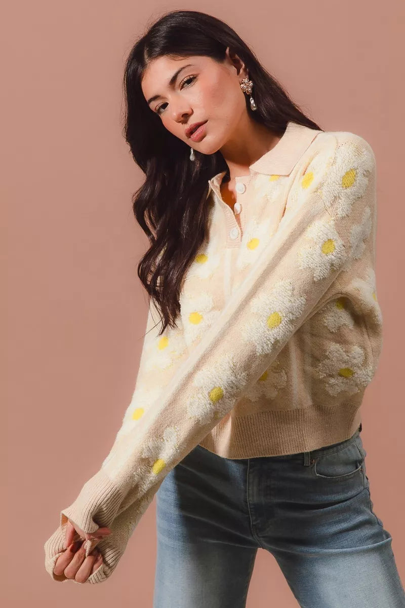 SO ME Floral Stripe Polo Collar Sweater | Sweaters Daverri Fashions
