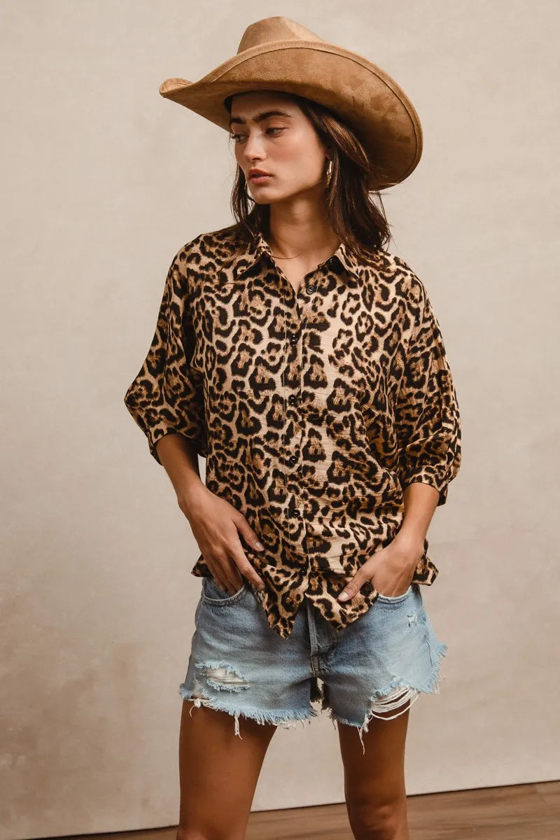 BiBi Leopard Prints Oversized Short Sleeves Top LEOPARD Tops