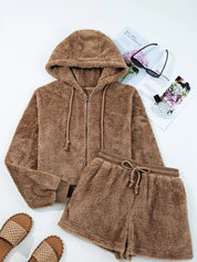 Brown fluffy zip-up Shein hoodie and drawstring shorts set