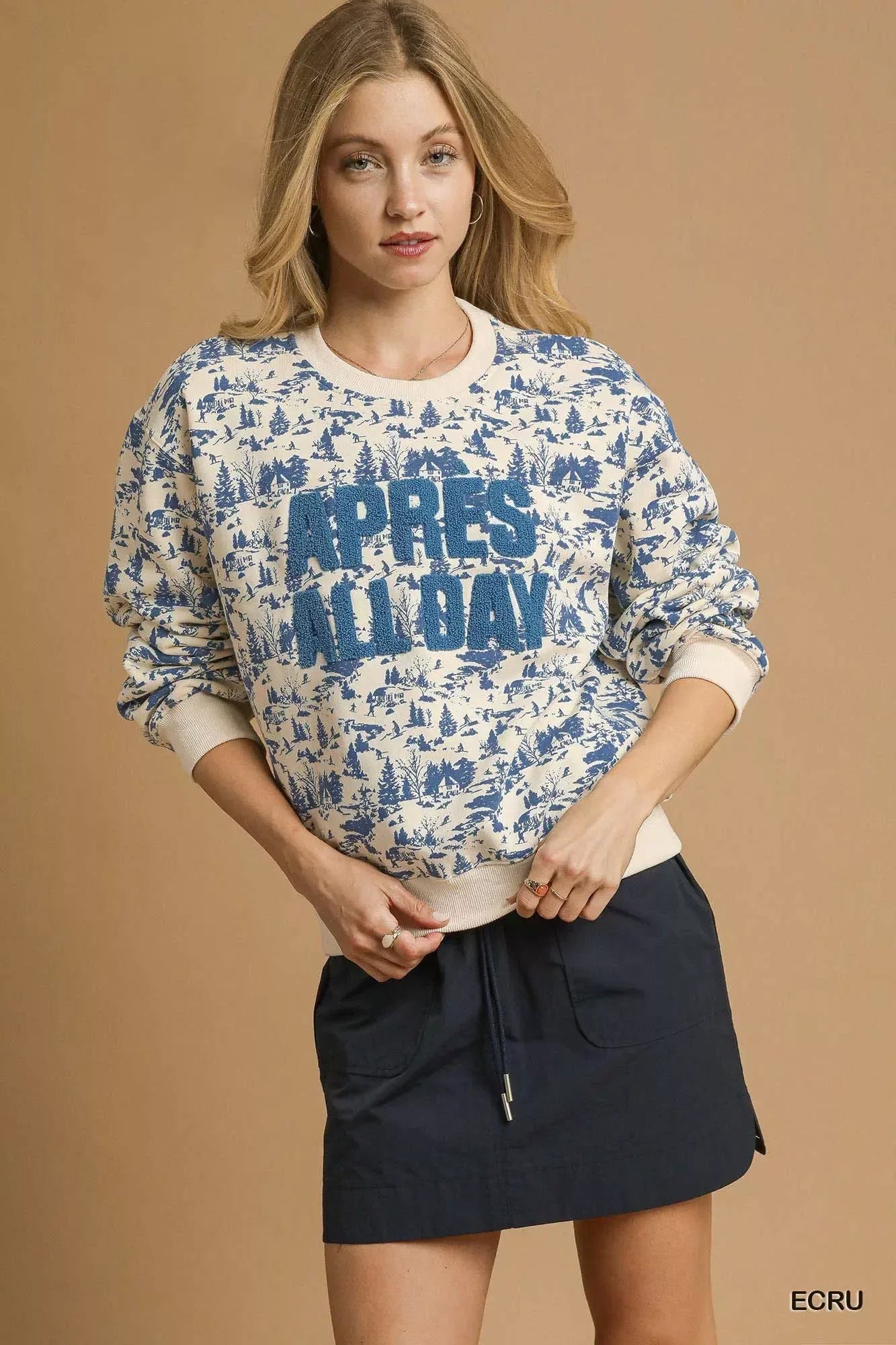 Umgee Scenic Print Cropped Sweatshirt Ecru - DAVERRI FASHIONS