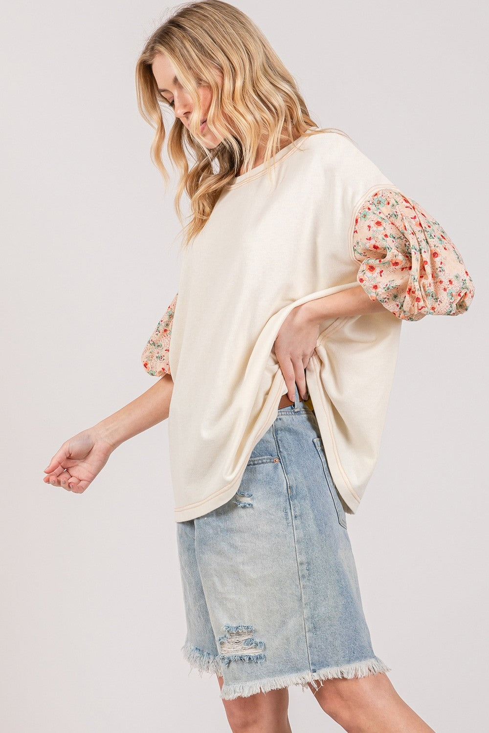 SAGE + FIG Round Neck Bubble Sleeve Oversize Top Tops