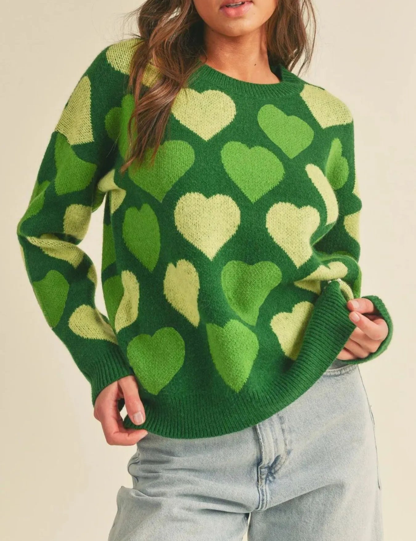 Green Heart Ribbed Hem Long Sleeve Sweater | Sweaters Daverri Fashions