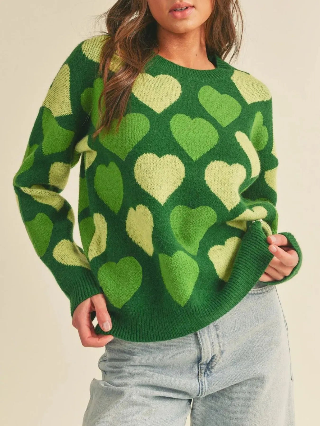 Green Heart Ribbed Hem Long Sleeve Sweater | Sweaters Daverri Fashions
