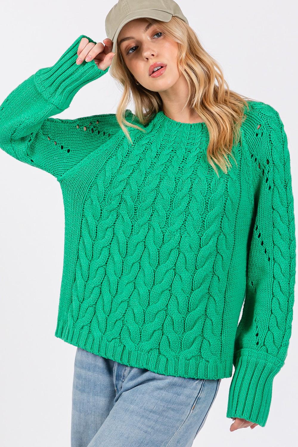 SAGE + FIG Cable-Knit Long Sleeve Sweater Green Emerald Sweaters