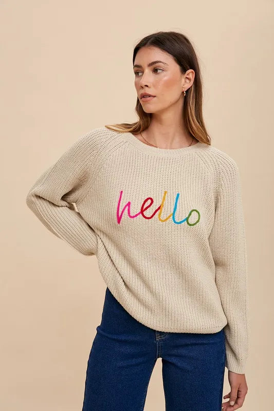 Annie Wear HELLO Embroidered Raglan Sleeve Sweater Sweaters