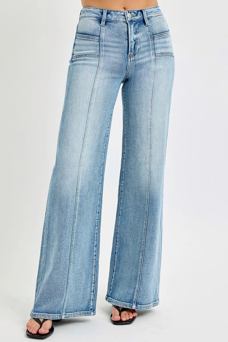 RISEN Full Size Mid Rise Wide Jeans with Front Patch Pockets Jeans