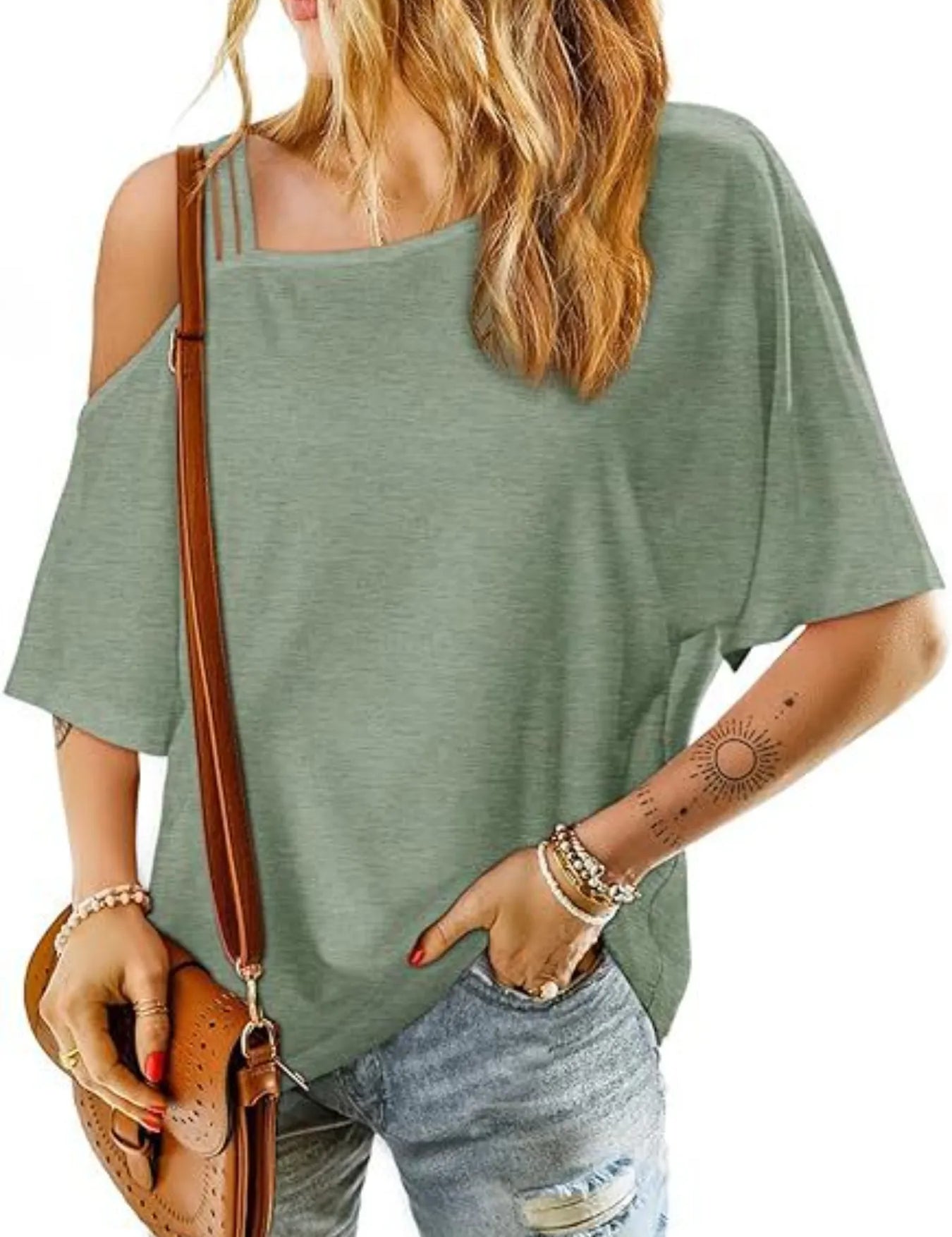 Sage Asymmetrical Neck Half Sleeve T-Shirt | T-Shirts Daverri Fashions
