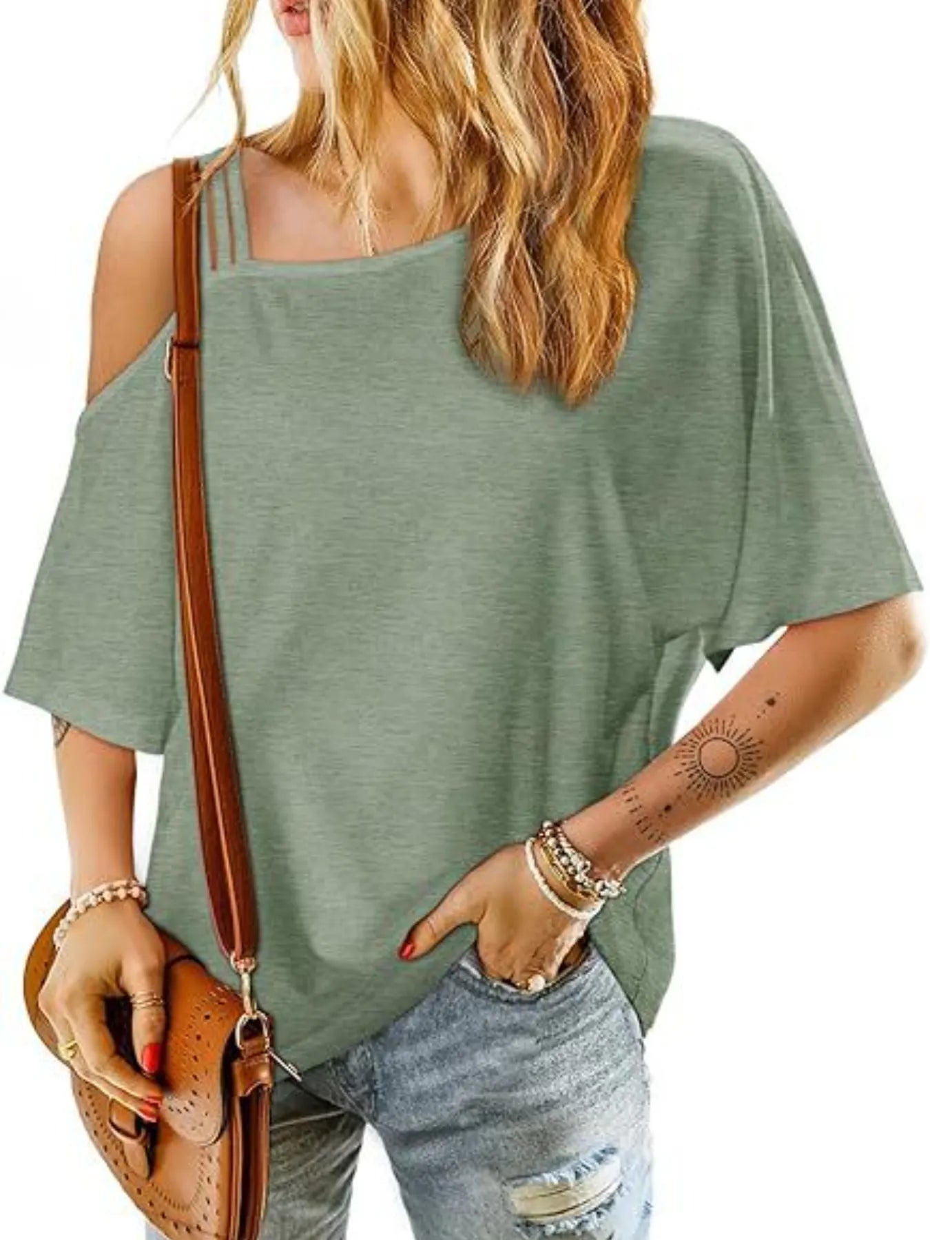 Sage Asymmetrical Neck Half Sleeve T-Shirt | T-Shirts Daverri Fashions