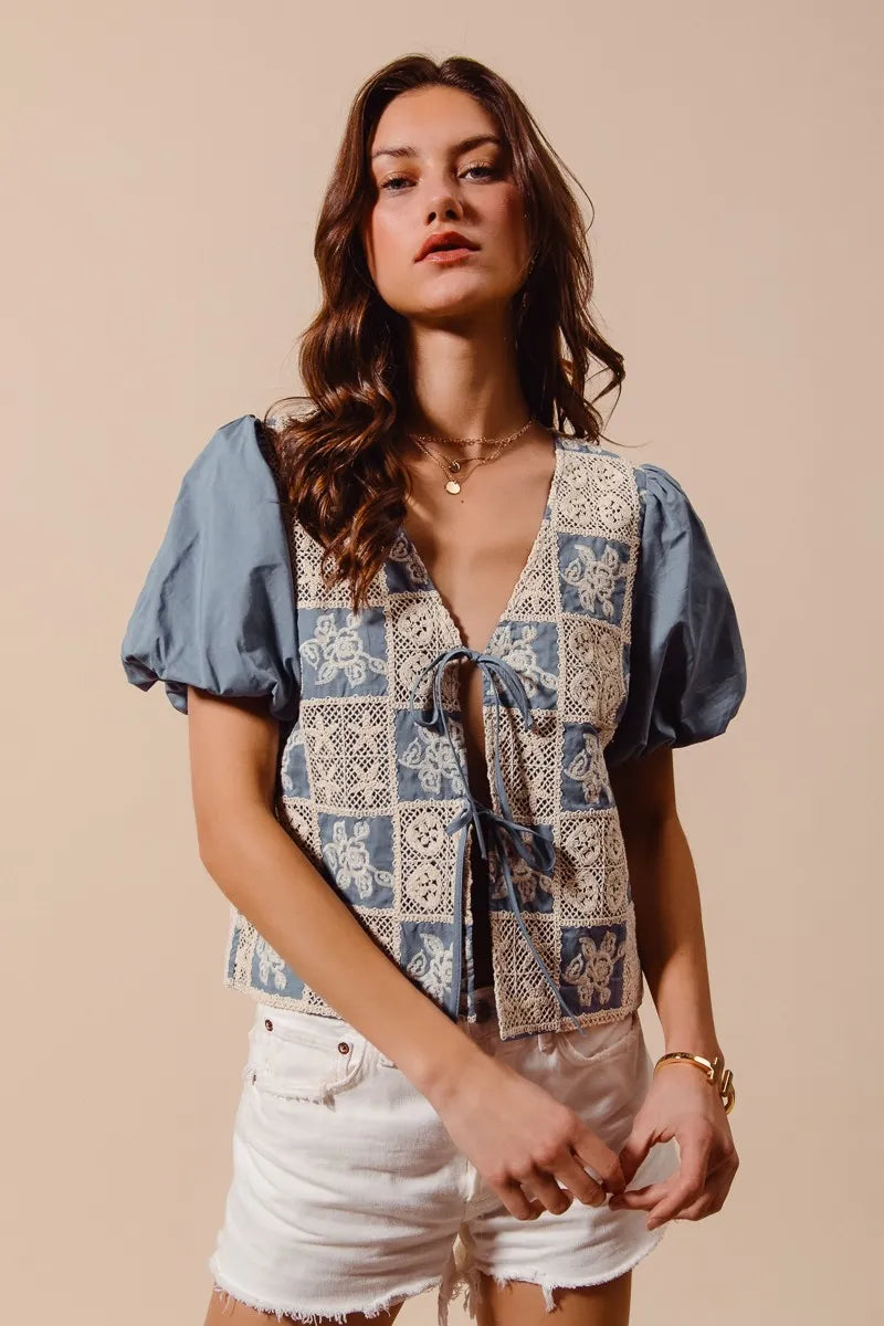 SO ME Crochet Lace Tie Front V Neck Blouse Top DENIM BLUE