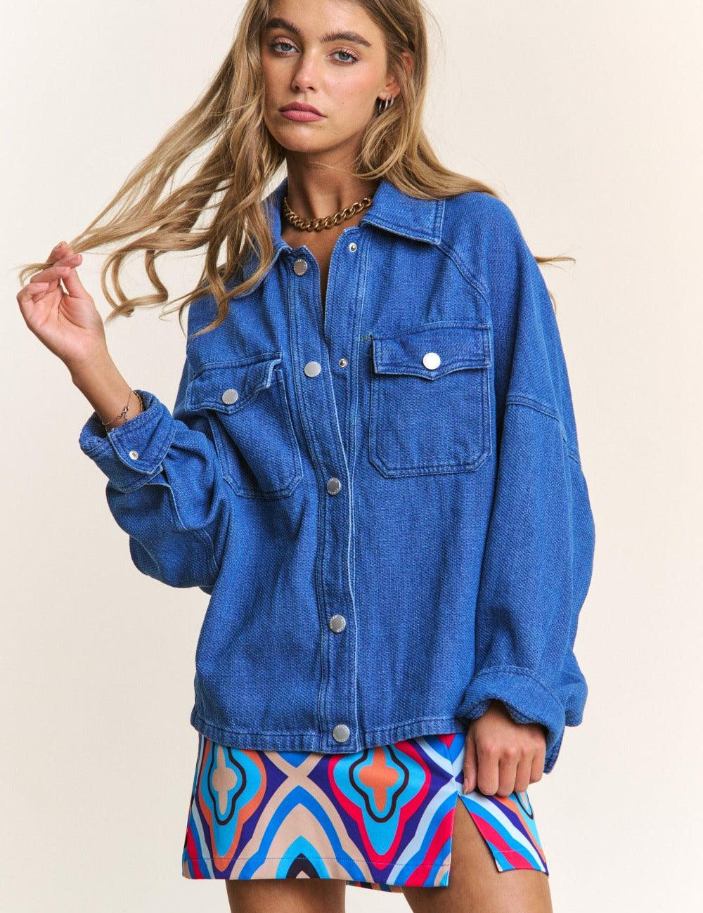 Dark Denim J.NNA Snap Down Long Sleeve Denim Shacket | Shackets Daverri Fashions