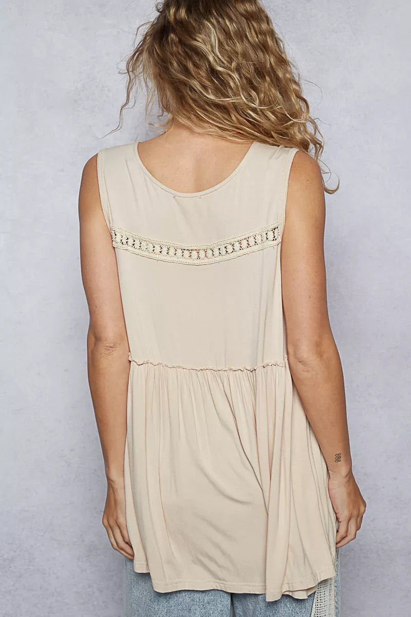 POL Lace Trim Babydoll Sleeveless Top with Ruffled and Raw Edge Detail | Tops Daverri Fashions