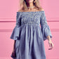 BiBi Smocked Off Shoulder Blue and White Striped Dress