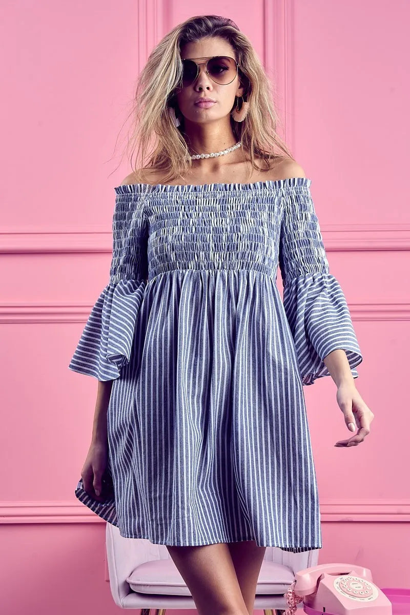 BiBi Smocked Off Shoulder Blue and White Striped Dress