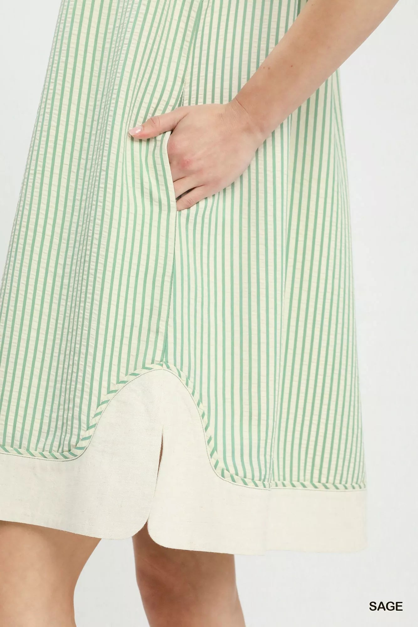 Umgee Pinstripe Shift Dress in light green white stripes with cream hem