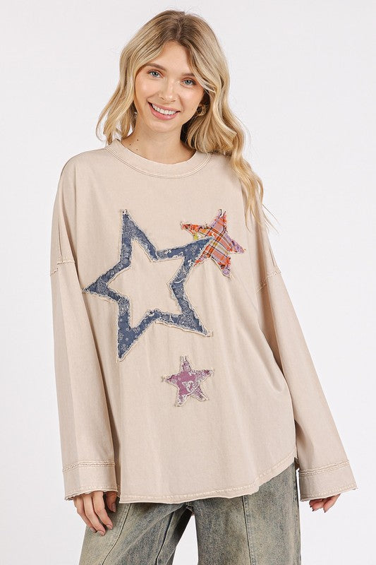 Mittoshop Mineral Wash Star Patch Long Sleeve T-Shirt Dust Storm T-Shirts