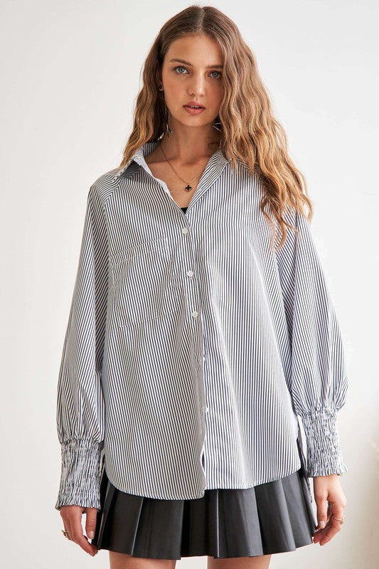 ADORA High-Low Striped Button Down Smocked Lantern Sleeve Shirt Tops