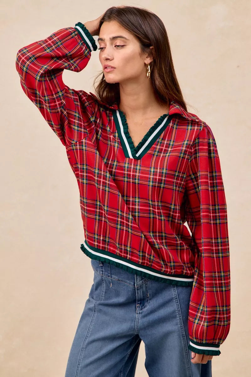 Red plaid zip-up BiBi Christmas collared top with ruffles and green trim