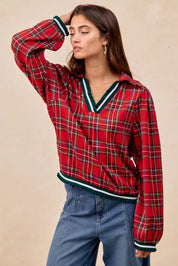 Red plaid zip-up BiBi Christmas collared top with ruffles and green trim