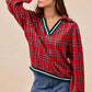 BiBi Christmas Plaid Collared Top with Ruffled Detail - DAVERRI FASHIONS