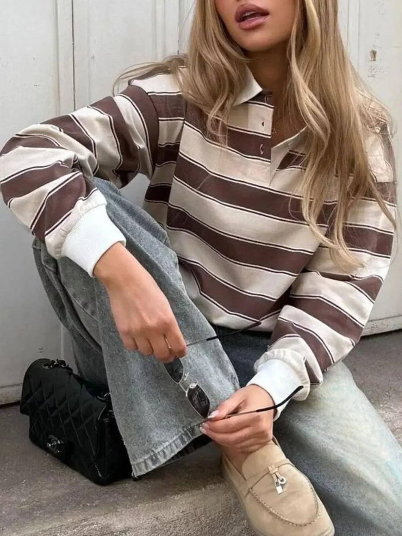 Striped Button Detail Long Sleeve Polo - DAVERRI FASHIONS