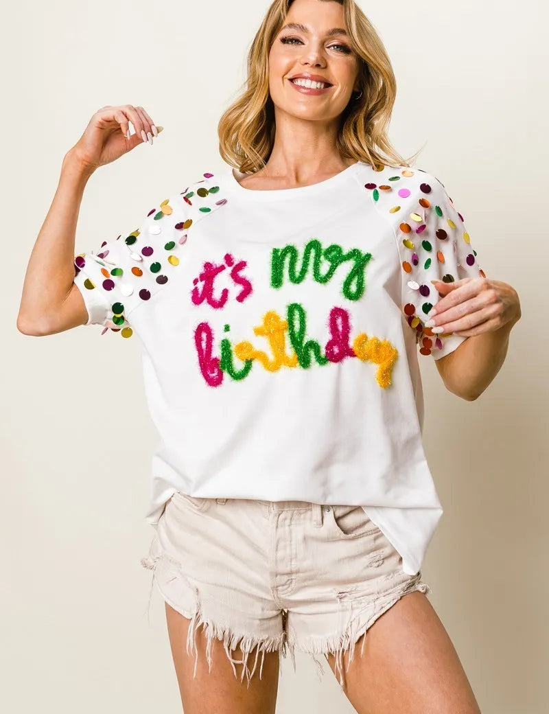 OFF WHITE L BiBi Metallic Letter Spangle Raglan Puff Sleeve Top | Tops Daverri Fashions