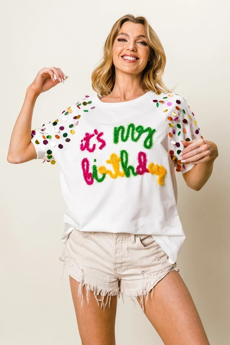 BiBi Metallic Letter Spangle Raglan Puff Sleeve Top OFF WHITE Tops