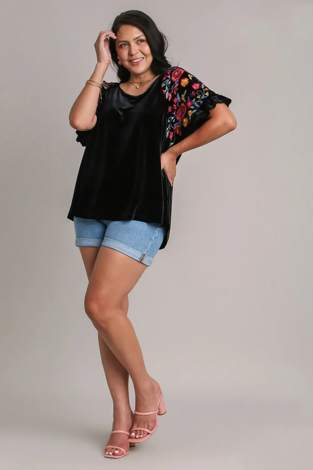 Umgee Full Size Velvet Embroidery Short Sleeve Blouse | Blouses Daverri Fashions