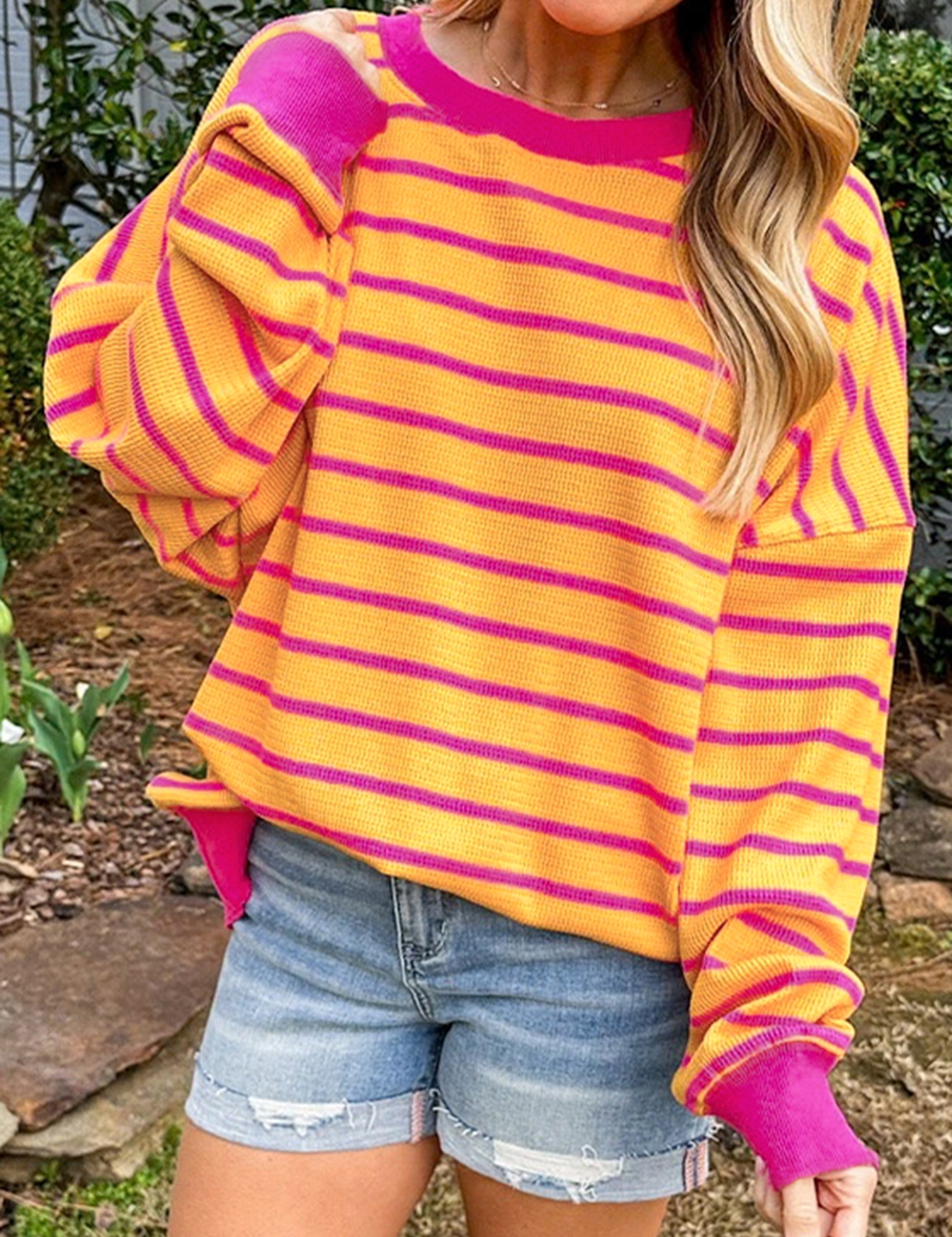 Orange Stripe 50%Viscose+28%Polyester+22%Polyamide Orange Stripe Trimmed Round Neck Drop Shoulder Loose Sweater | Sweaters Daverri Fashions