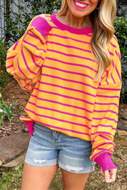 Orange Stripe 50%Viscose+28%Polyester+22%Polyamide Orange Stripe Trimmed Round Neck Drop Shoulder Loose Sweater | Sweaters Daverri Fashions