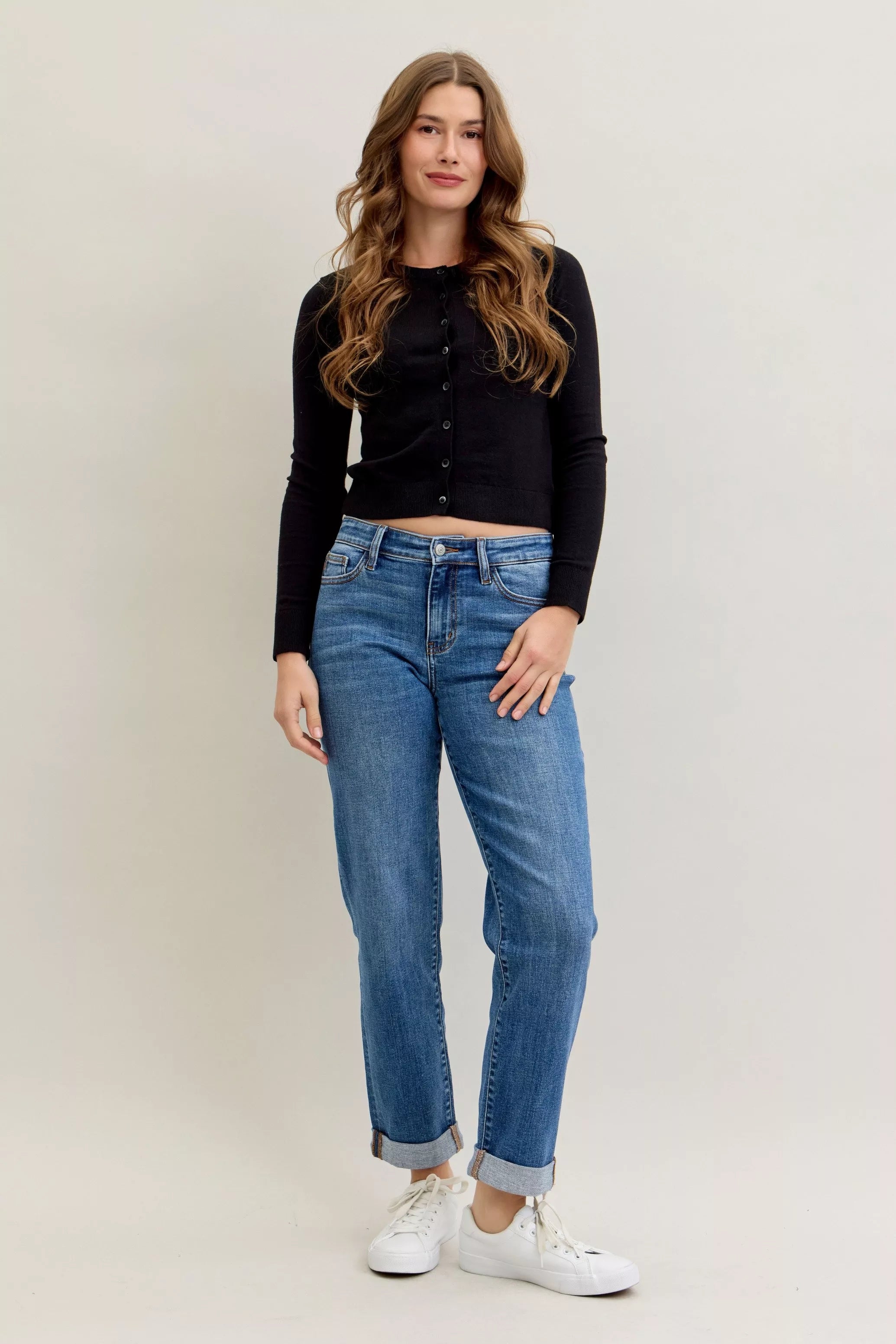 Judy Blue Full Size Mid Rise BF Classic Cuffed Jeans Plus Size | Jeans Daverri Fashions