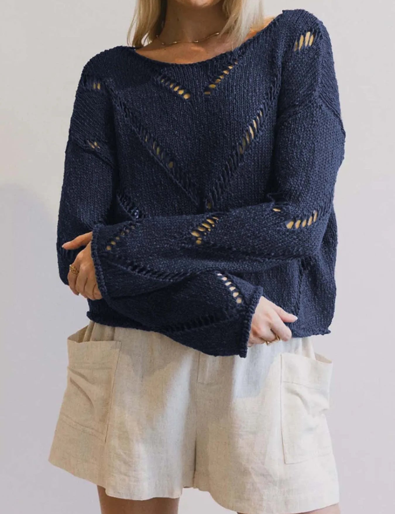 Dark Navy Openwork Boat Neck Long Sleeve Sweater | Sweaters Daverri Fashions