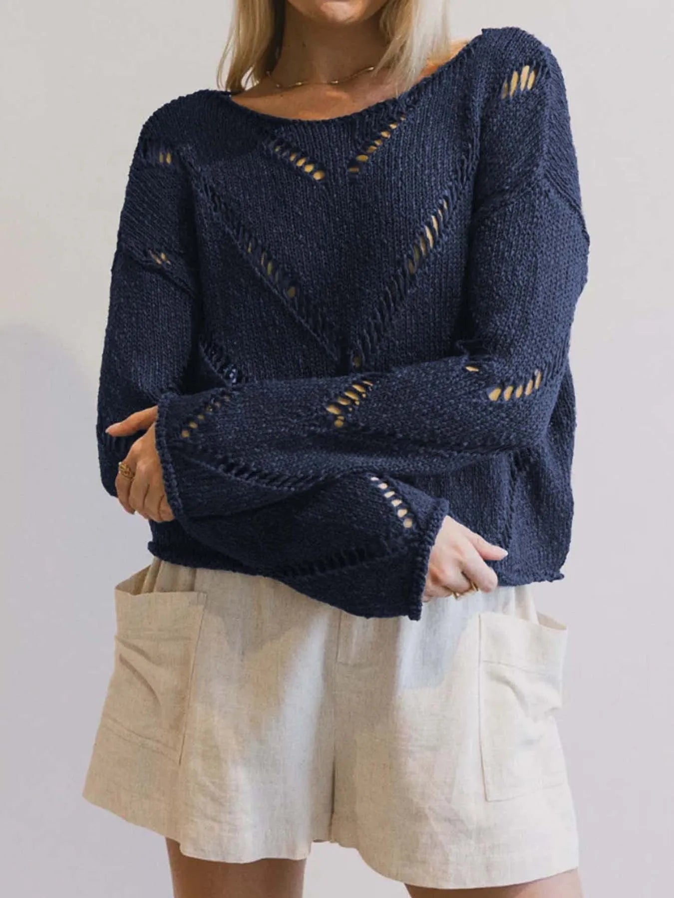 Dark Navy Openwork Boat Neck Long Sleeve Sweater | Sweaters Daverri Fashions