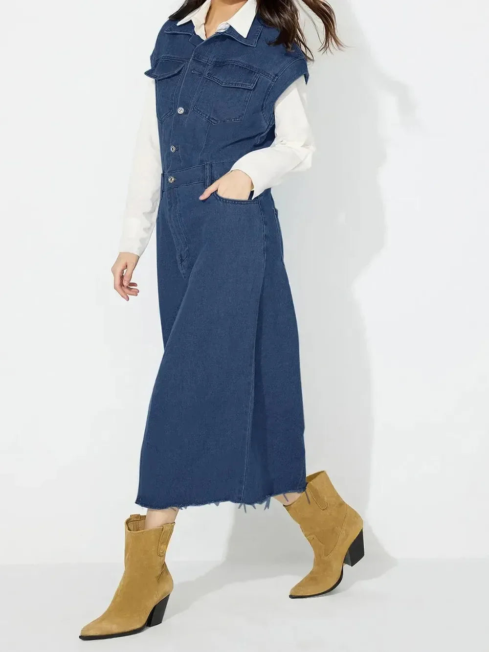 Slit Half Button Collared Neck Cap Sleeve Denim Dress - DAVERRI FASHIONS