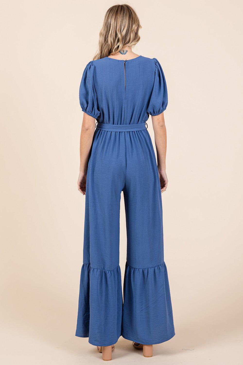 GeeGee Full Size V-Neck Belted Wide Leg Jumpsuit Jumpsuits